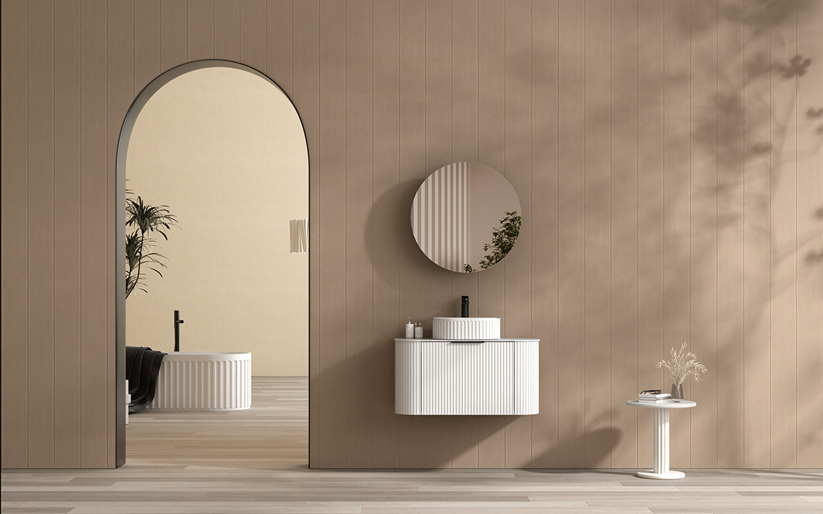 a white cabinet and a mirror