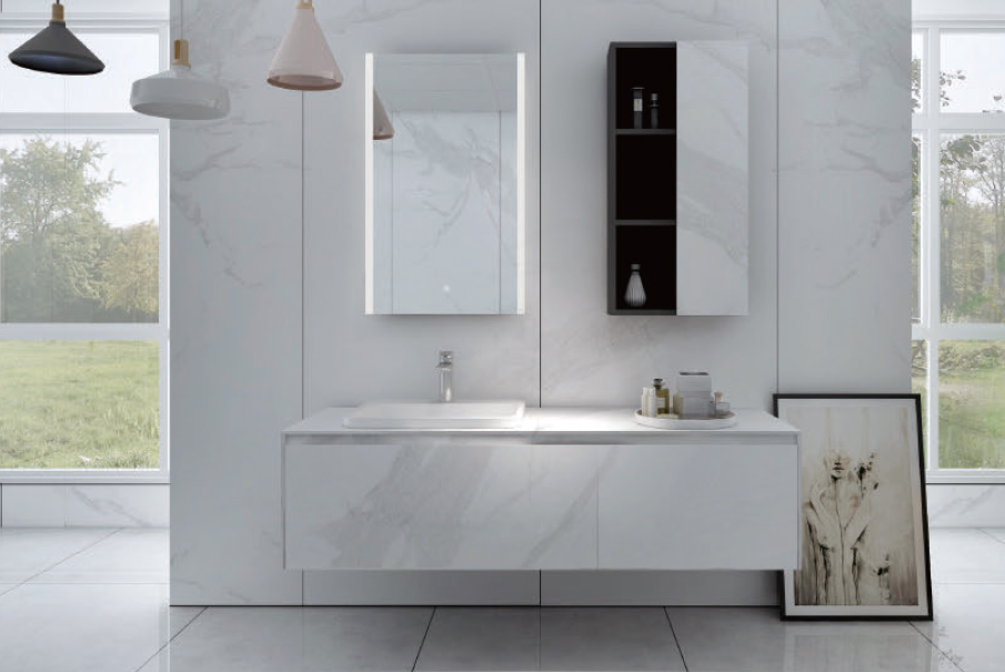 bathroom mirror and white cabinet