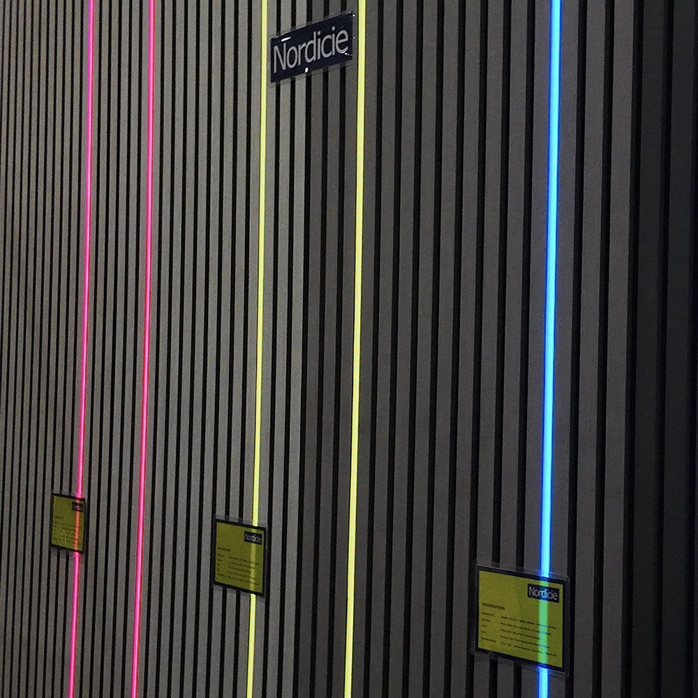 LED strip light on slat panel LED strip lighting red, yellow and blue
