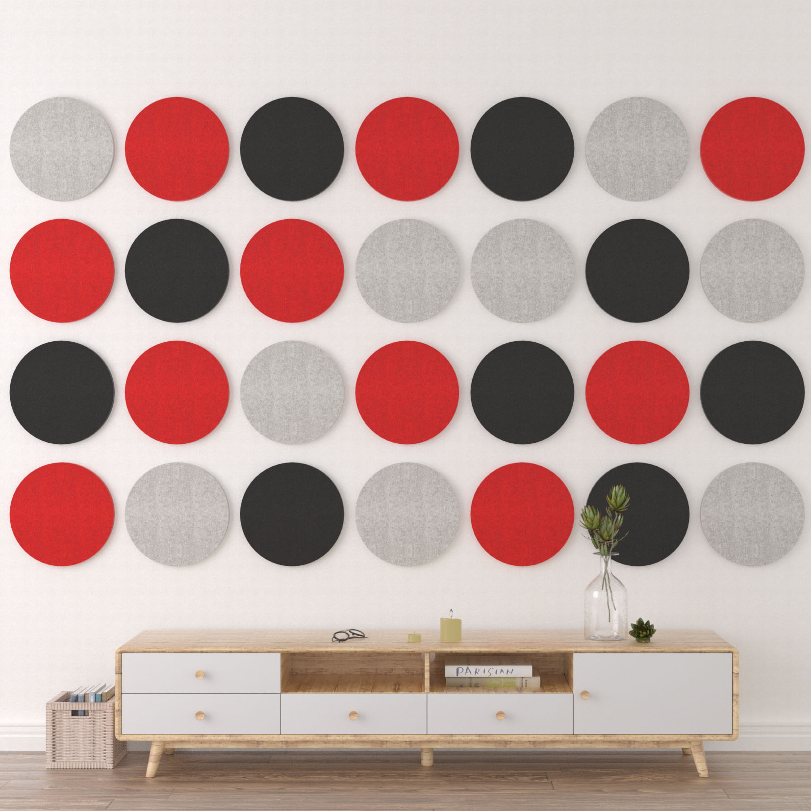 round shapes panel wall decor black, grey and red shapes round panel